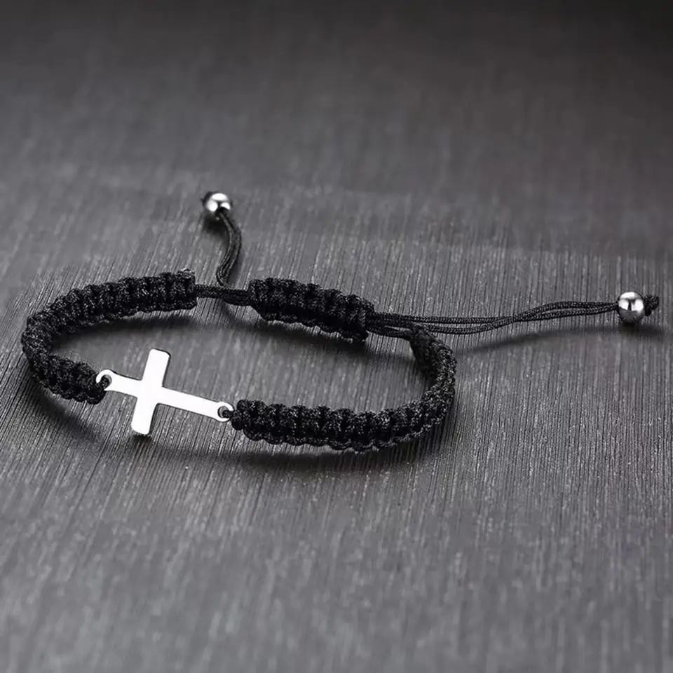Simple Cross Black White Braided Rope Couple Bracelets