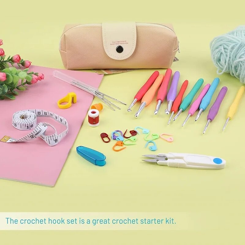 Multicolor Crochet Hooks Kit With Stitch Marker And Pencil Case For Cotton Yarn Knitting