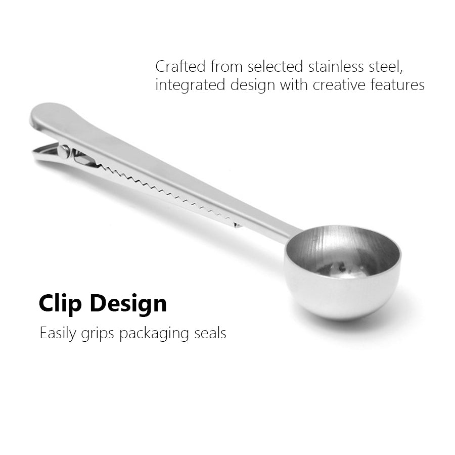 Multi-Purpose Stainless Steel Coffee Scoop with Clip and Measuring Spoon