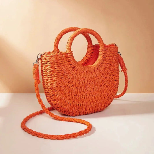 Handwoven Straw Rattan Half-Moon Beach Handbag