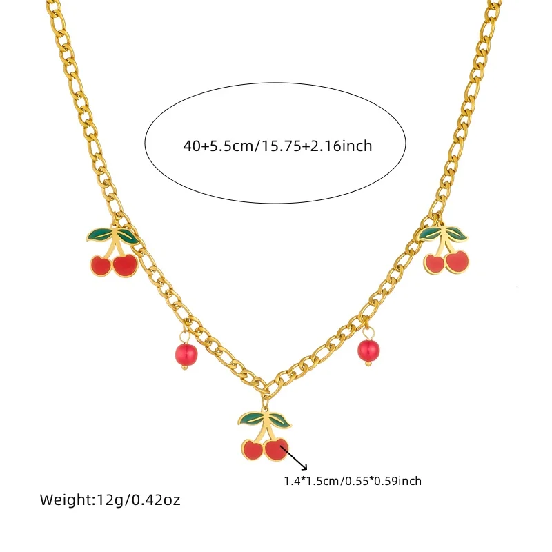 Stainless Steel Red Cherry Fruit Pendant Necklace Earrings Bracelet Set