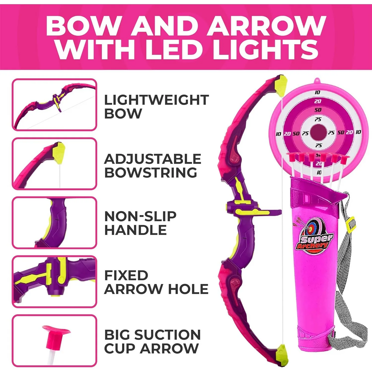Kids Shooting Set Bow and Arrow Set with Flashing Pink LED Lights