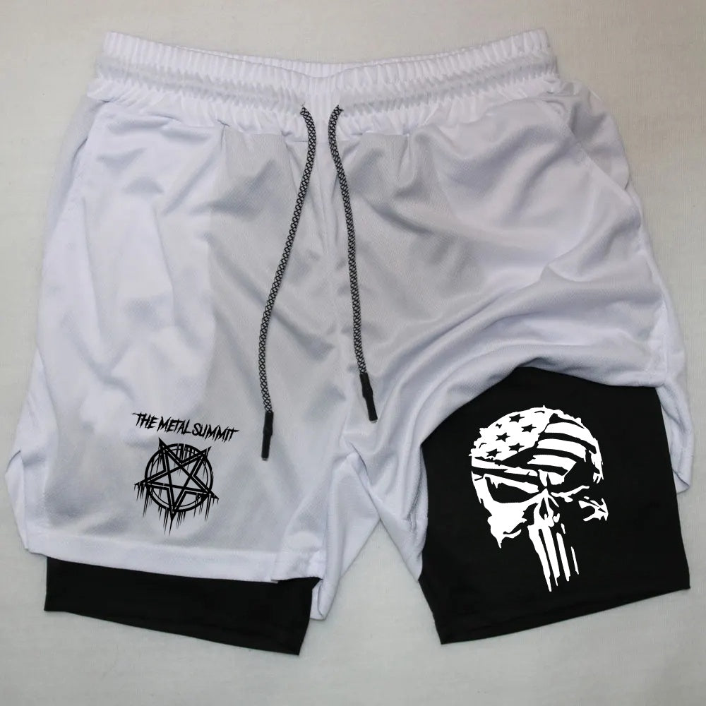 Men Anime Double Layer Shorts Gym Workout Printed Sports