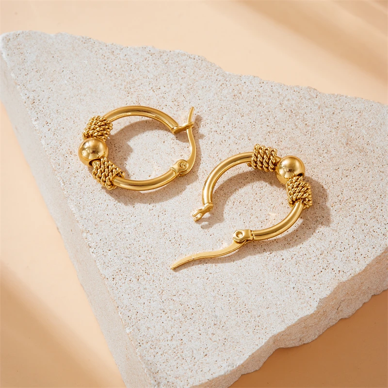 Stainless Steel Golden Hollow Woven Circular Shape Earrings
