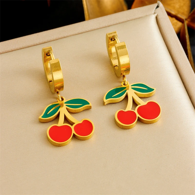 Stainless Steel Red Cherry Fruit Pendant Necklace Earrings Bracelet Set