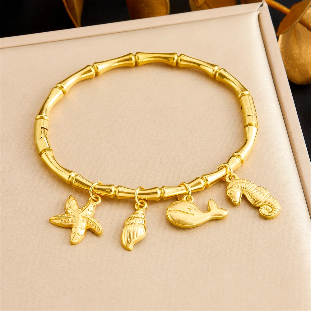 Stainless Steel Dolphin Shell Conch Pendant Bamboo Bangle For Women