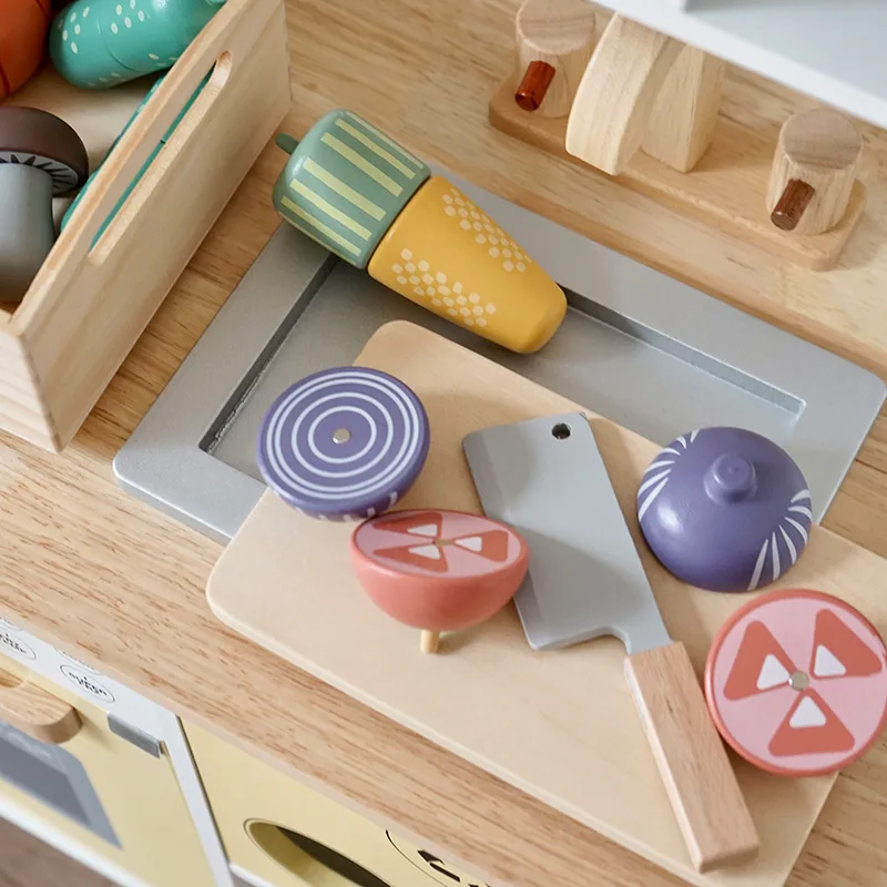 Wooden Pretend Play Kitchen Toys Cutting Food Accessories Set