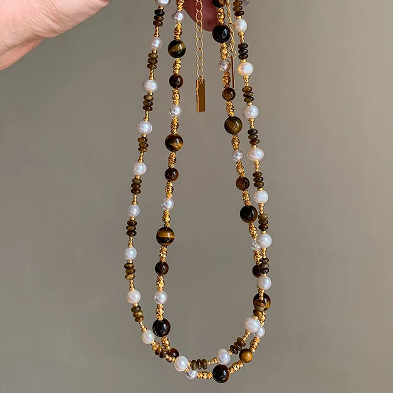 Natural Brown Stone Pearl Collar Chain Necklace