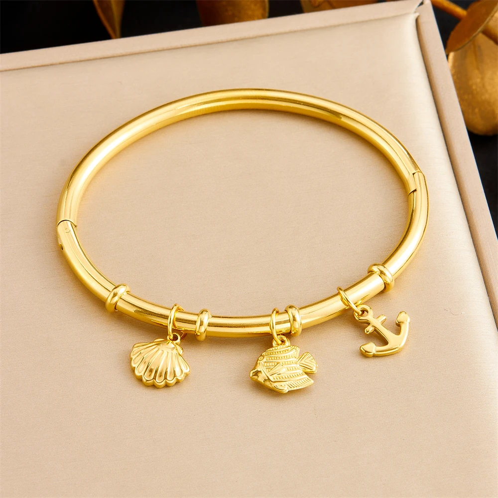 Stainless Steel Dolphin Shell Conch Pendant Bamboo Bangle For Women