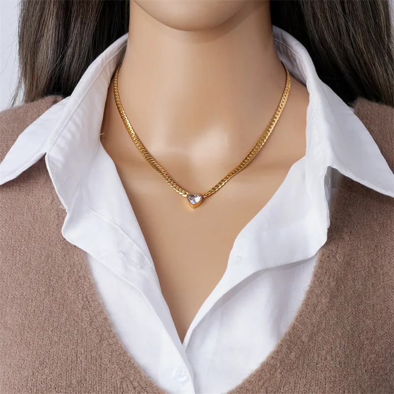 Stainless Steel Heart-Shaped Green White Crystal Pendant Necklace