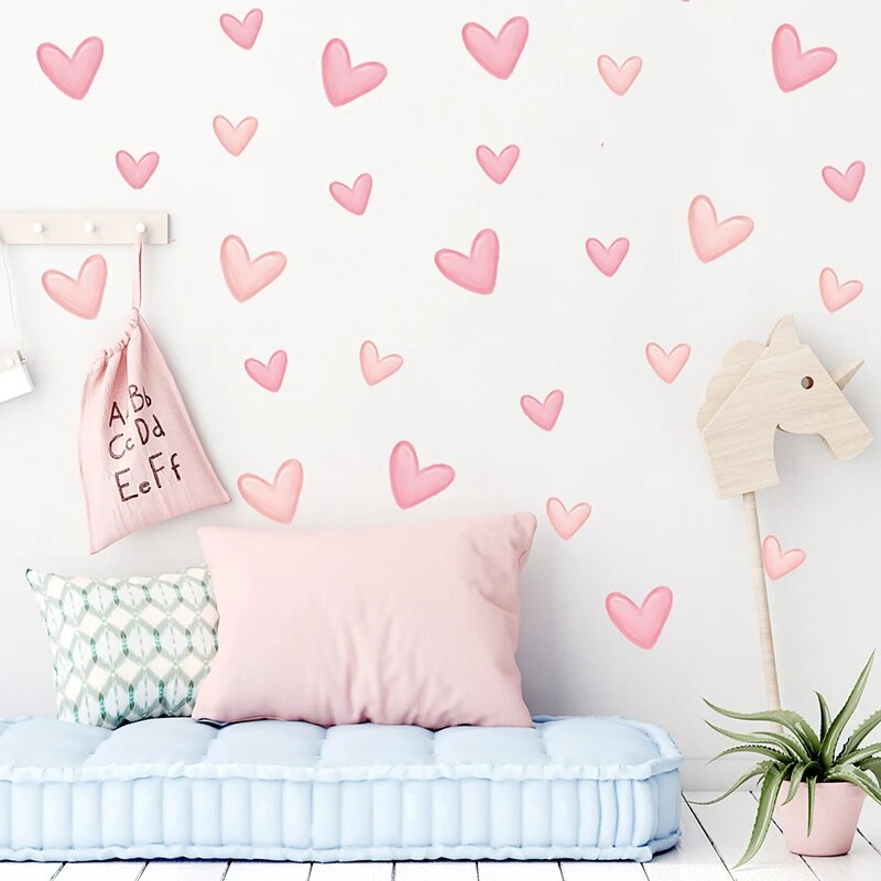 60Pcs Soft Pink Big Small Heart Shape Wall Stickers