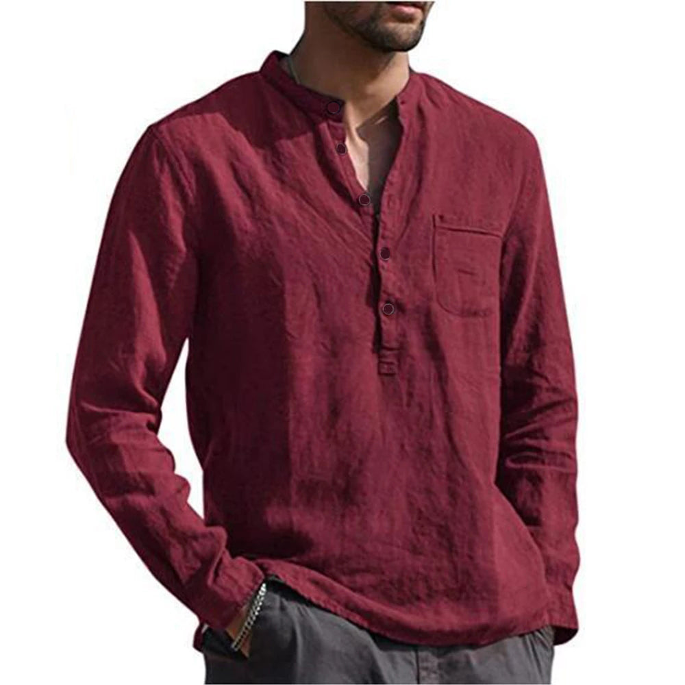 Cotton Linen Hot Sale Men's Long-Sleeved Shirts Summer Solid