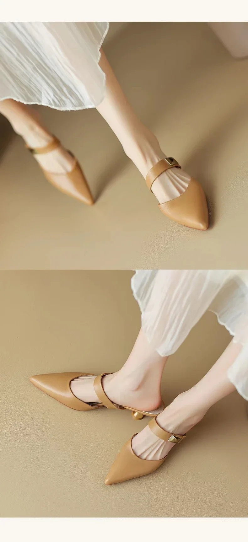 Size 35-42 Women Kitten Heels Mules Golden Rivet Pointed Toe