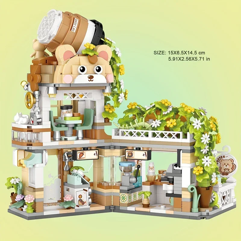 City Street View Building Blocks Cute Bear Folding Café Model