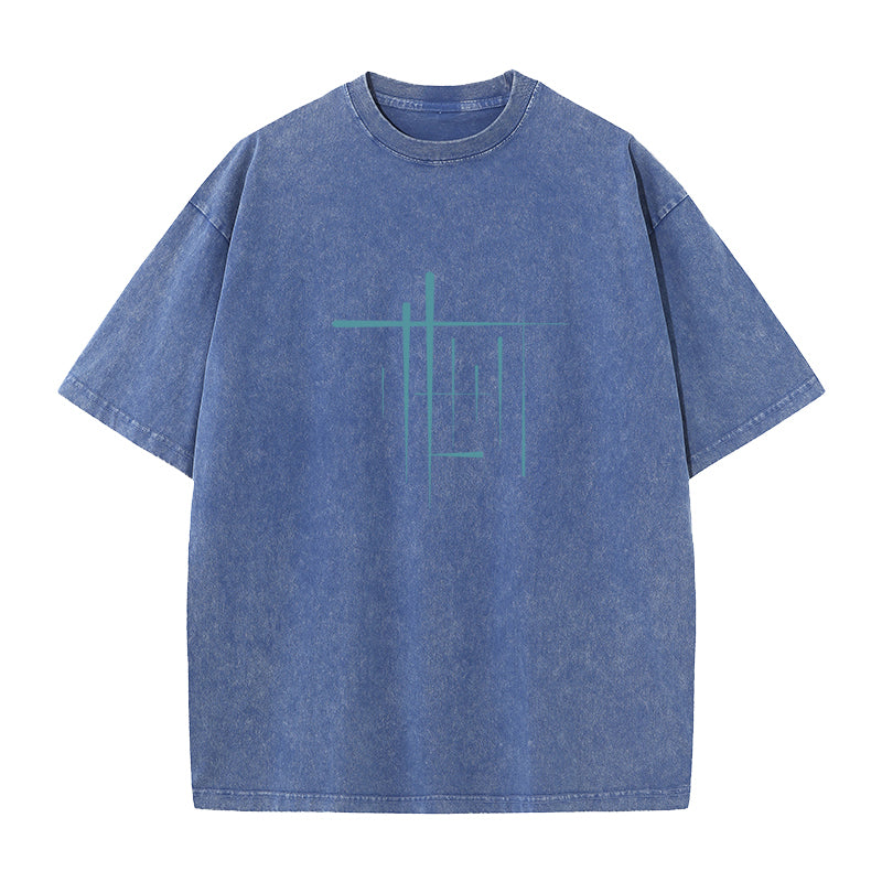 Geometric Abstract Building Round Collar Washed T Shirt
