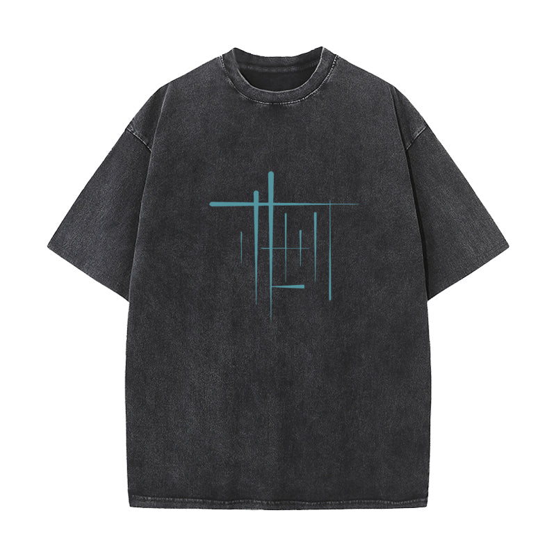 Geometric Abstract Building Round Collar Washed T Shirt
