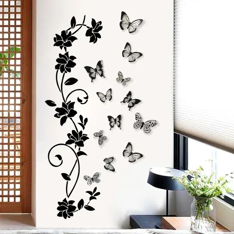 Black Flower Vine 3D Butterfly Wall Sticker Background Wall Bedroom