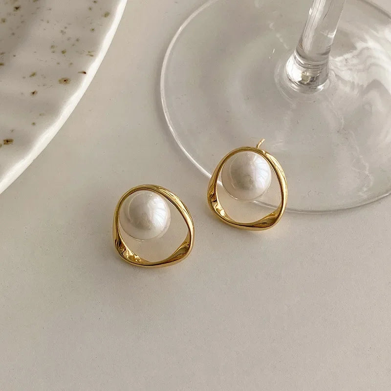 Imitation Pearl Earring for Women Gold Color Round