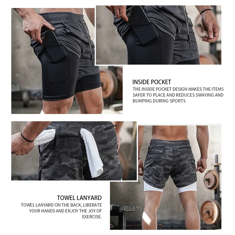 2024 Summer Men's New Fashionable Trend Leisure Gym Fitness Sports Double layer Shorts