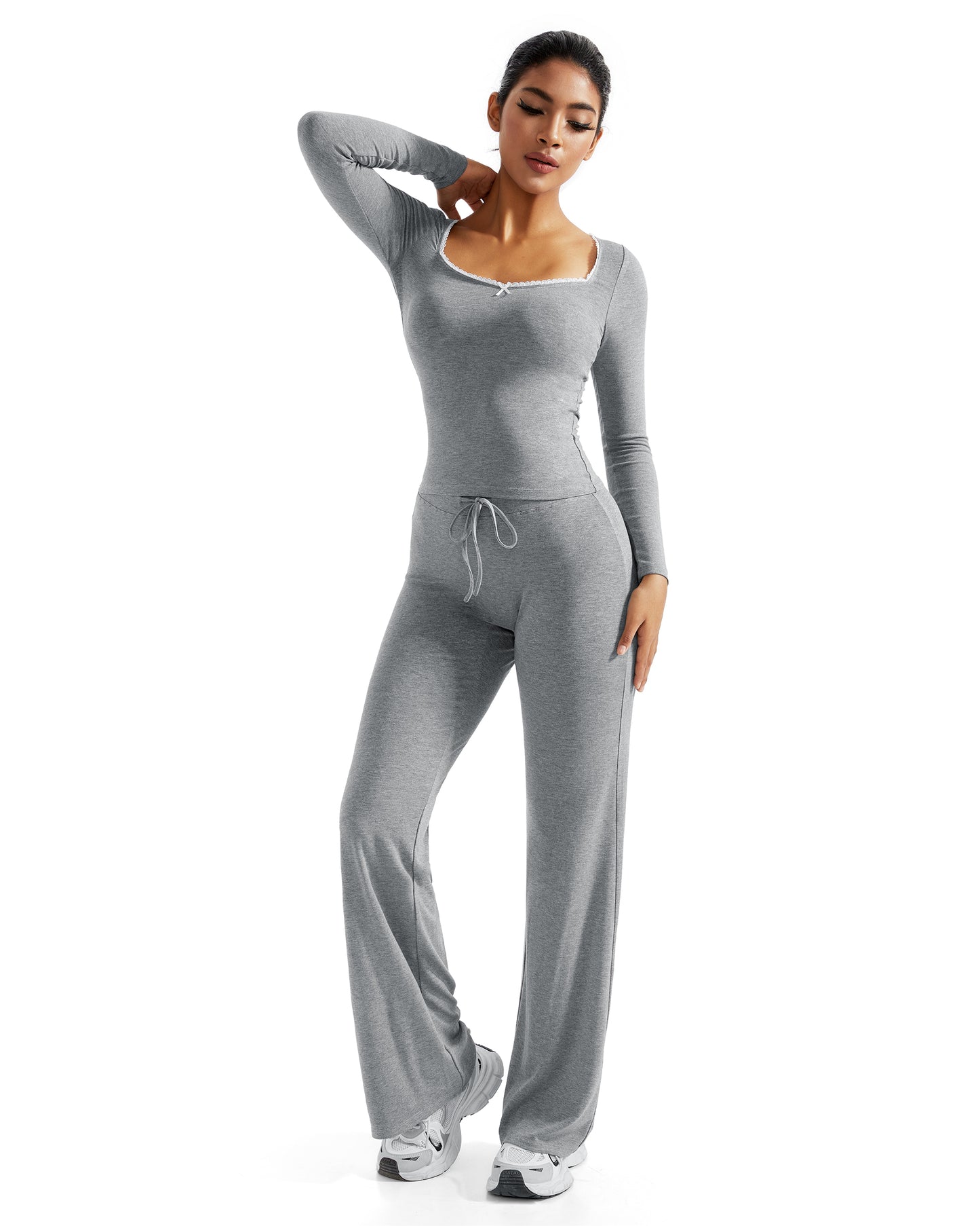 Women Casual Suits 2 Pcs Set Soft Wide Leg Pants Outfit Yoga Suits