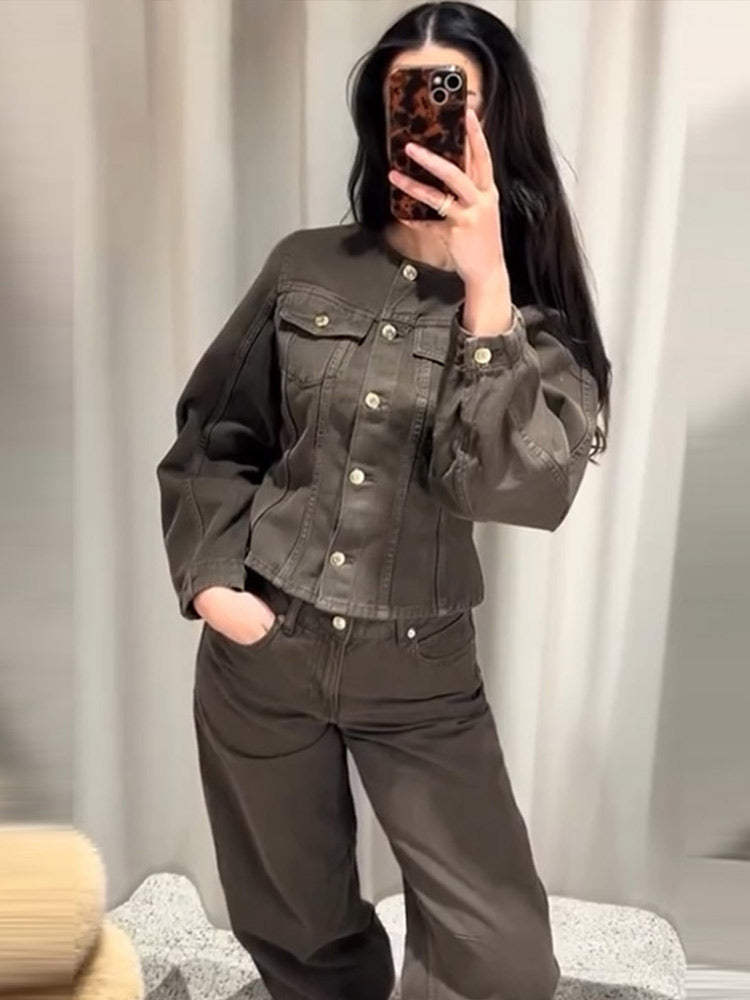 Denim Crop Pants Sets Women Vintage O-neck