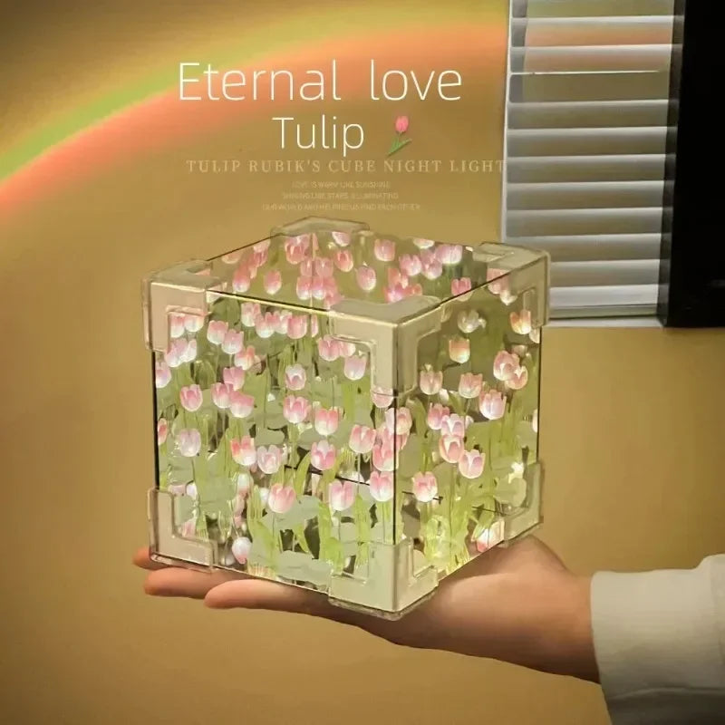 DIY Handmade Tulip Mirror Cube Lamp Simulation Flower
