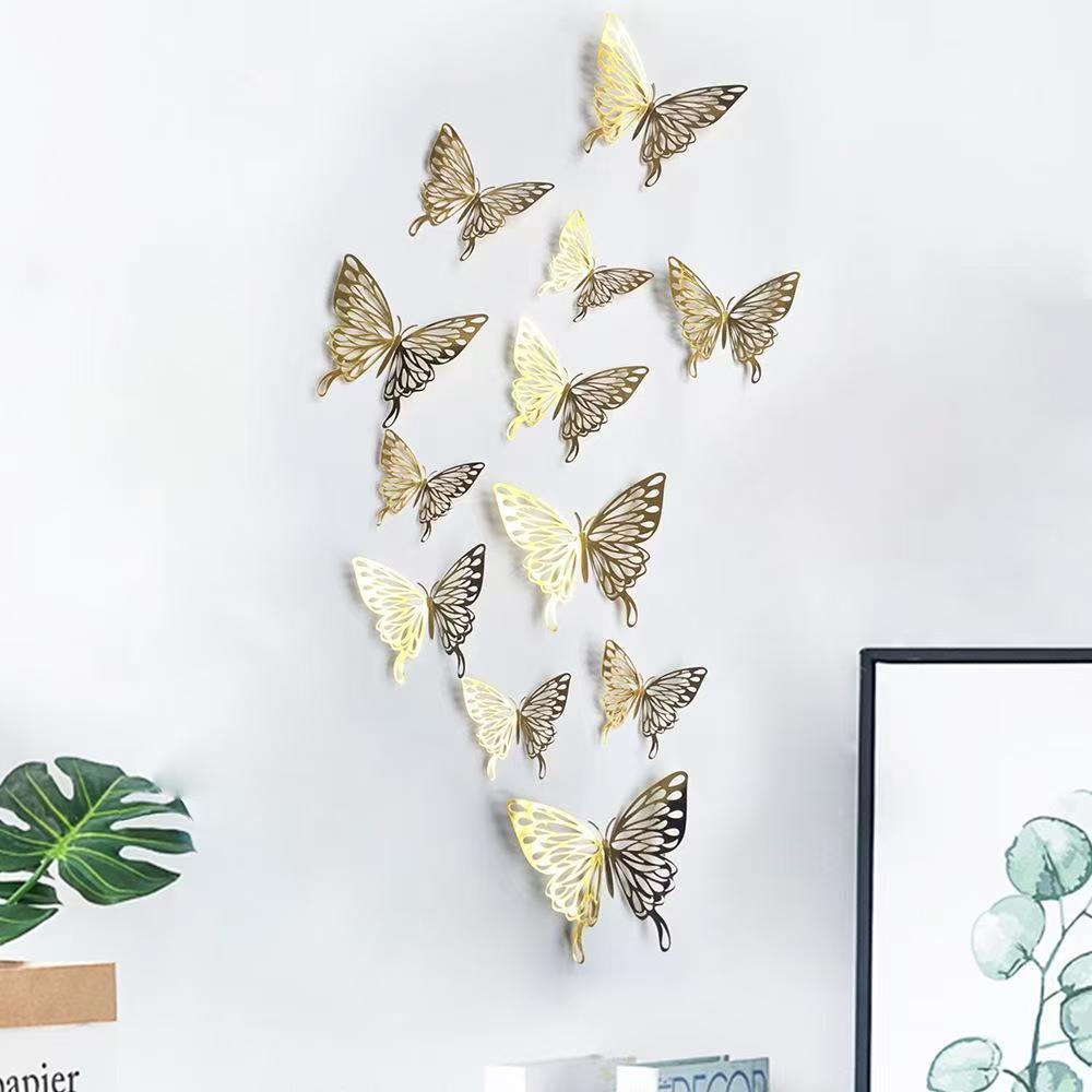 12Pcs/lot New 3D Hollow Golden Silver Butterfly Wall Stickers