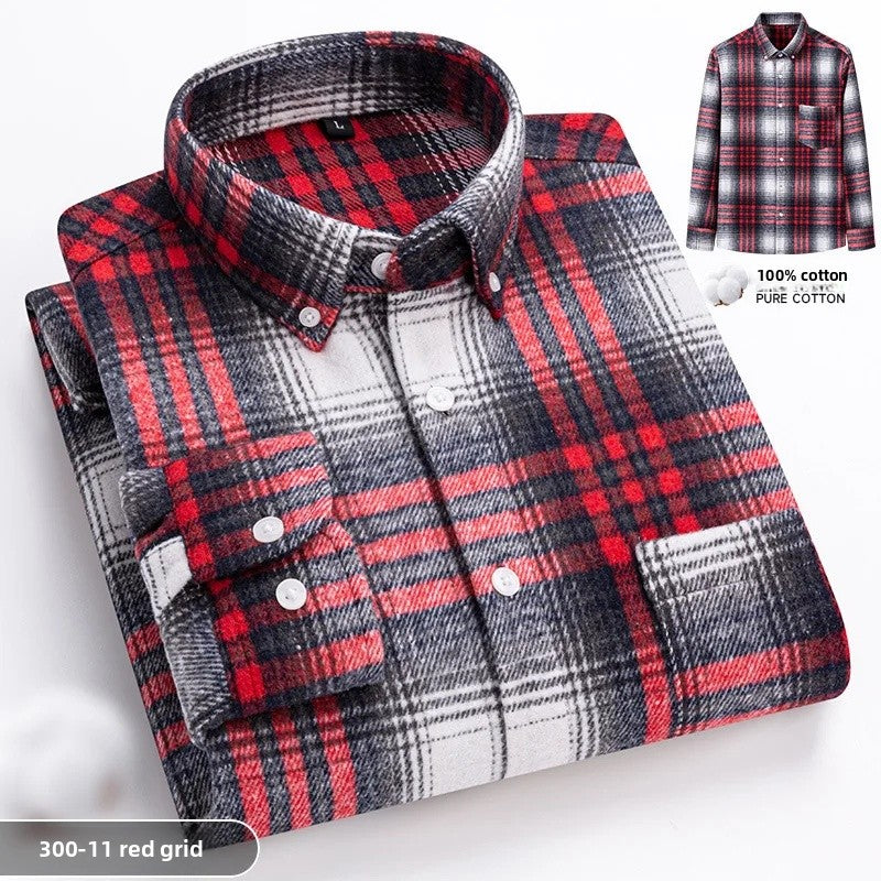 Thickened Pure Cotton Flannel Plaid Shirt Men's Long Sleeve Casual