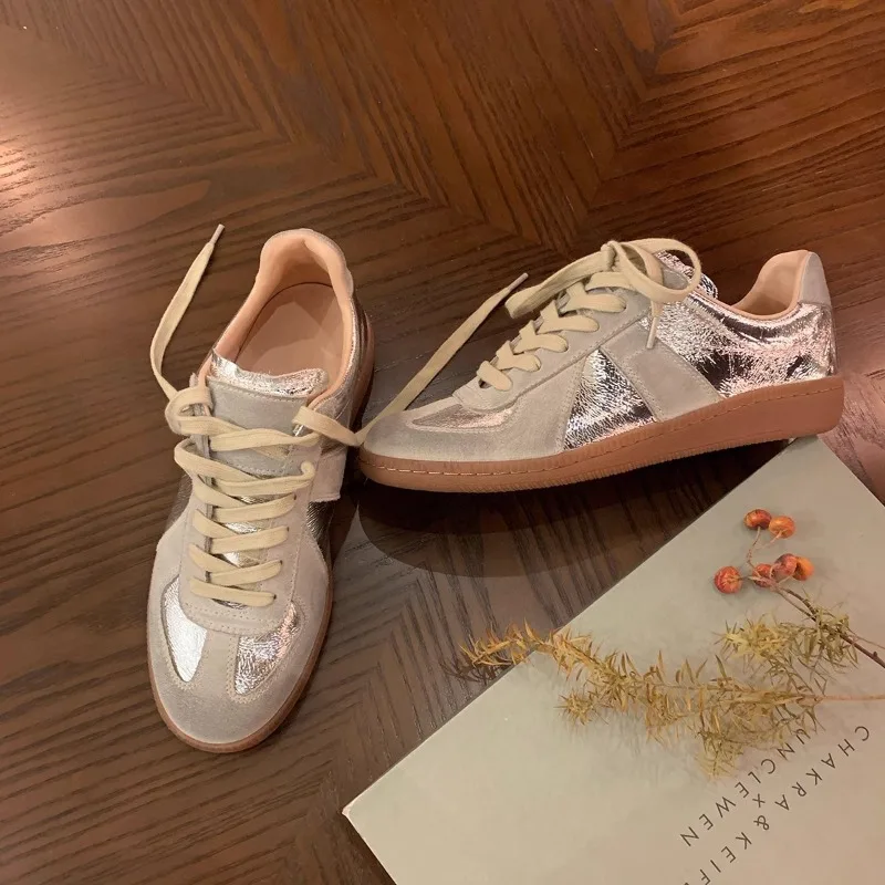 Women Casual Leather Sneakers Silver Lace-Up