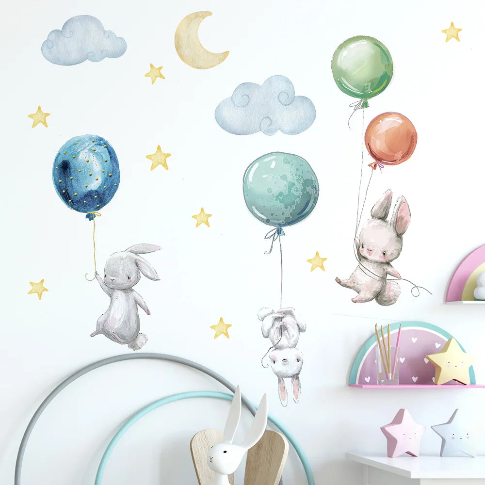 Cute Lovely Flying Rabbits Wall Stickers For Kids Balloons