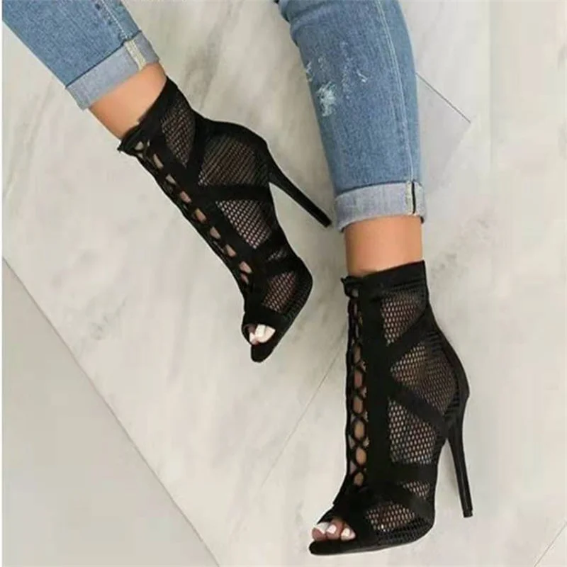 Fashion Show Black Net Fabric Cross Strap Sexy High Heel Sandals