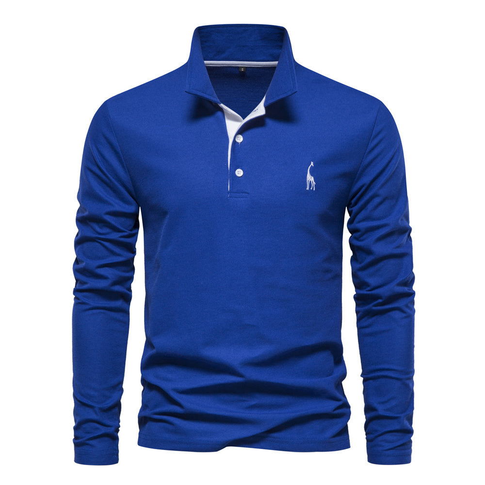 2023 New Men's Deer Embroidery Polo Shirts Solid Color Long Sleeve
