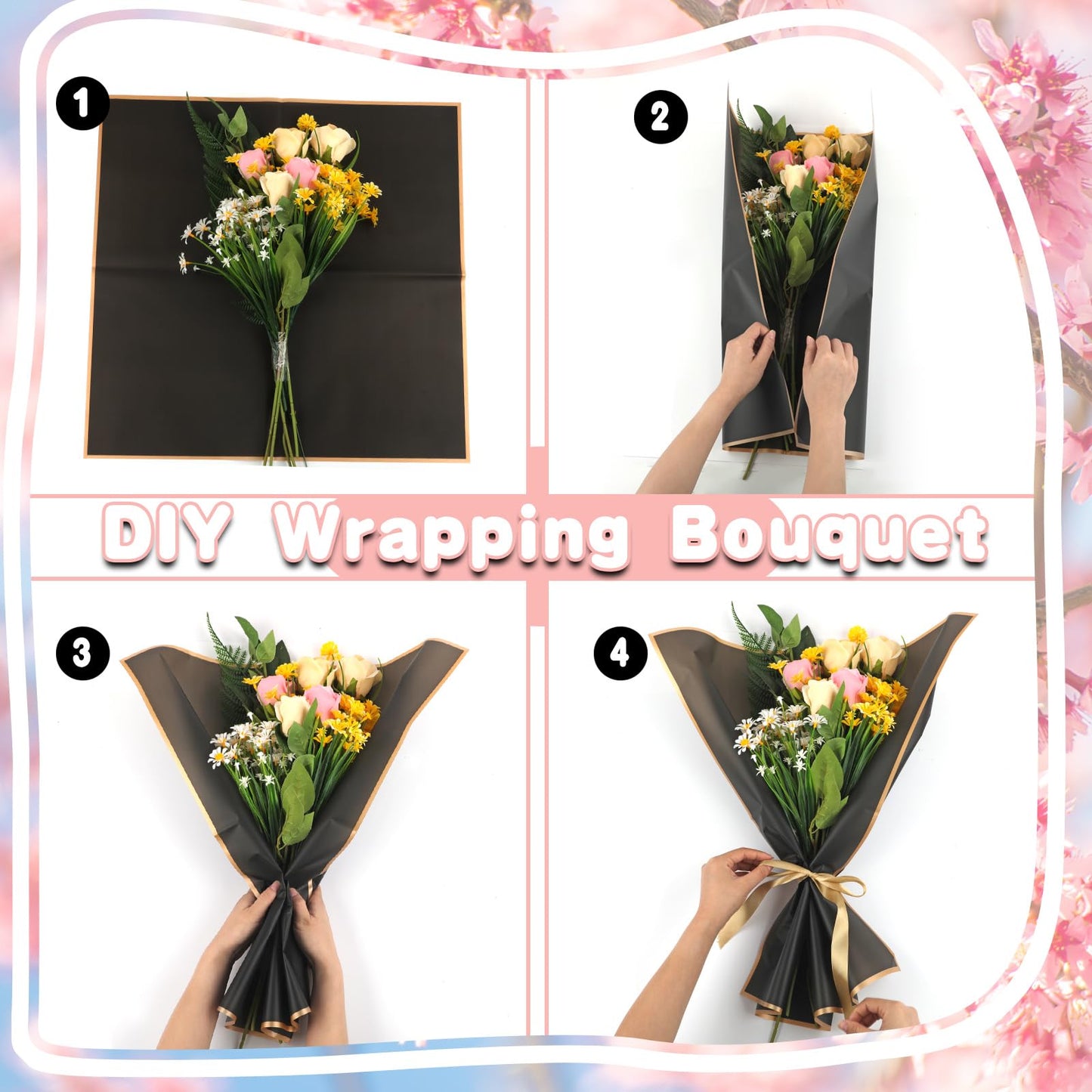 20 Sheets Pink Flower Wrapping Paper with Golden Edges