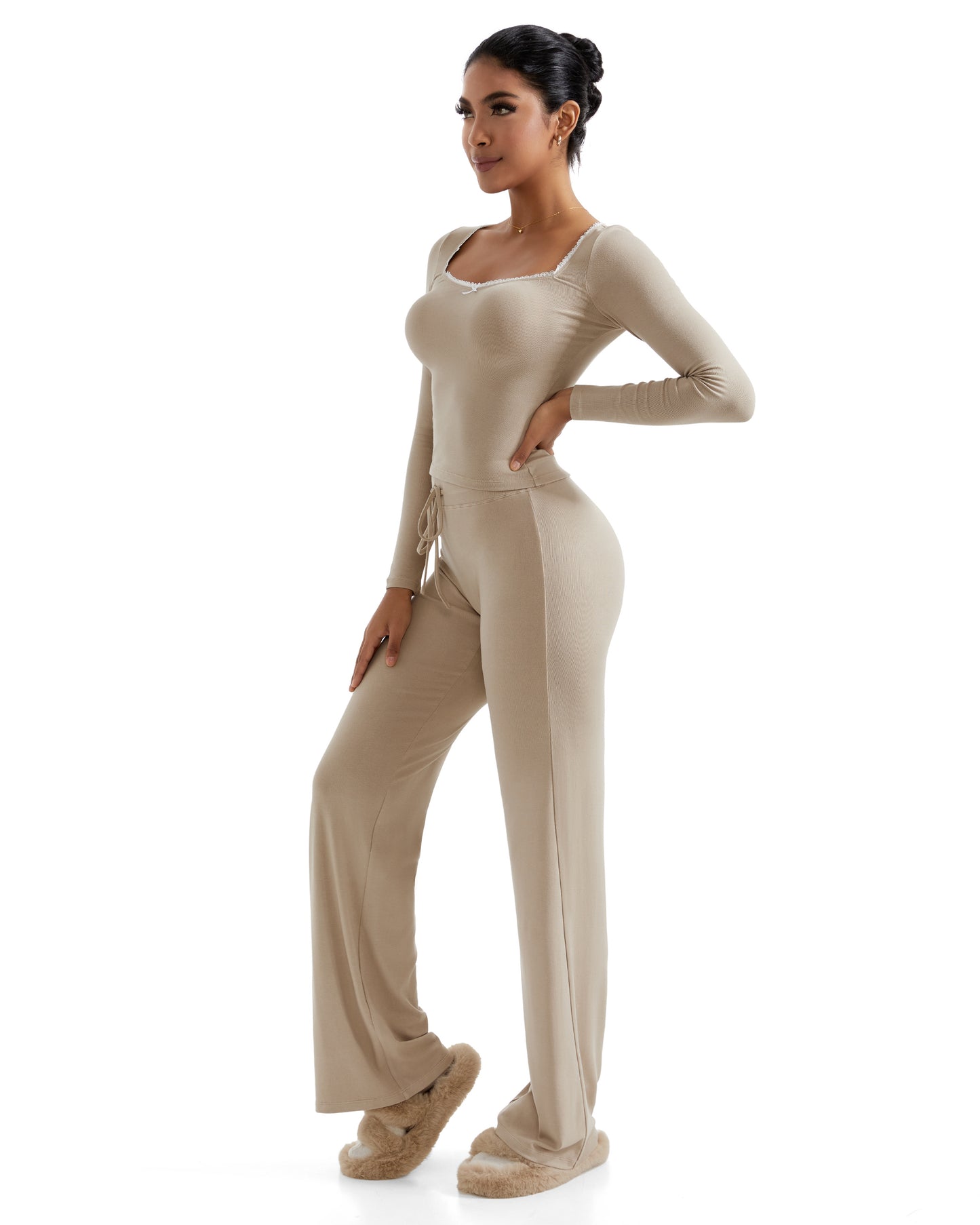 Women Casual Suits 2 Pcs Set Soft Wide Leg Pants Outfit Yoga Suits