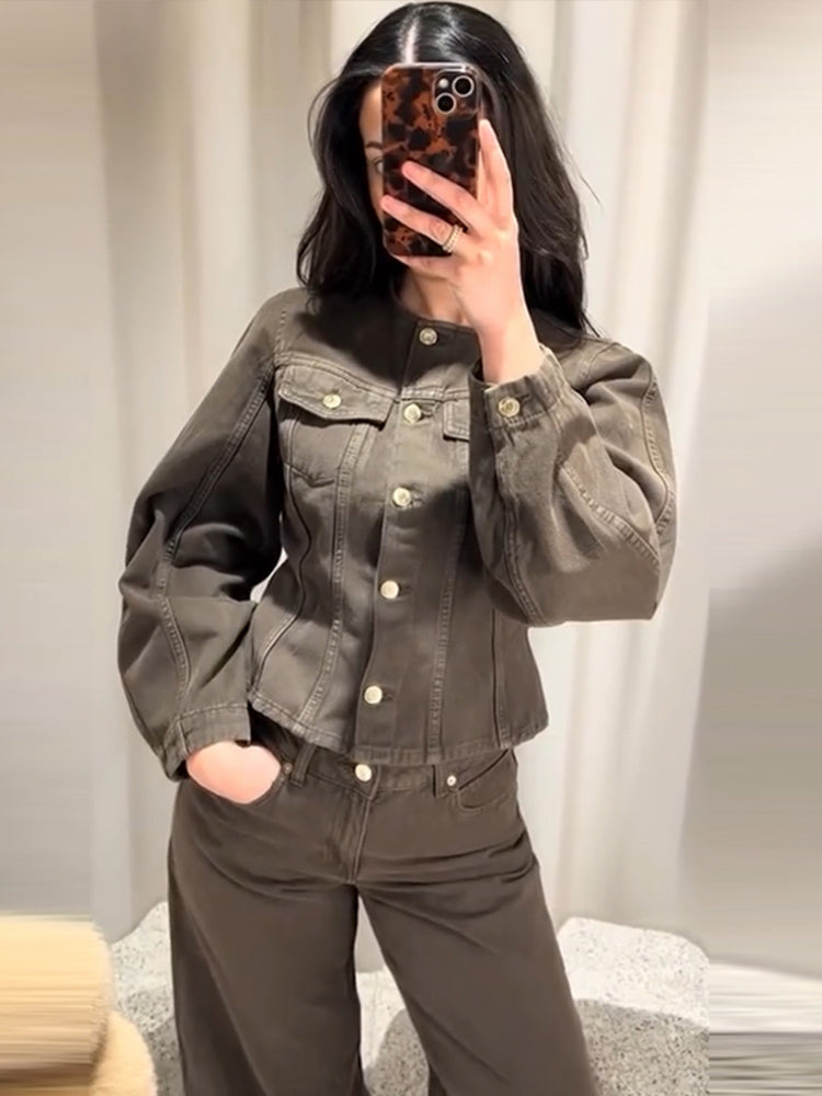 Denim Crop Pants Sets Women Vintage O-neck