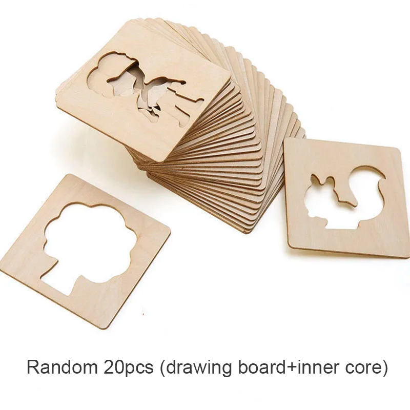 20pcs Montessori Kids Drawing Toys Wooden DIY Painting Stencils Set