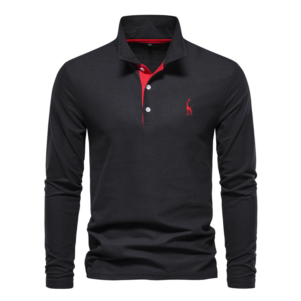 2023 New Men's Deer Embroidery Polo Shirts Solid Color Long Sleeve