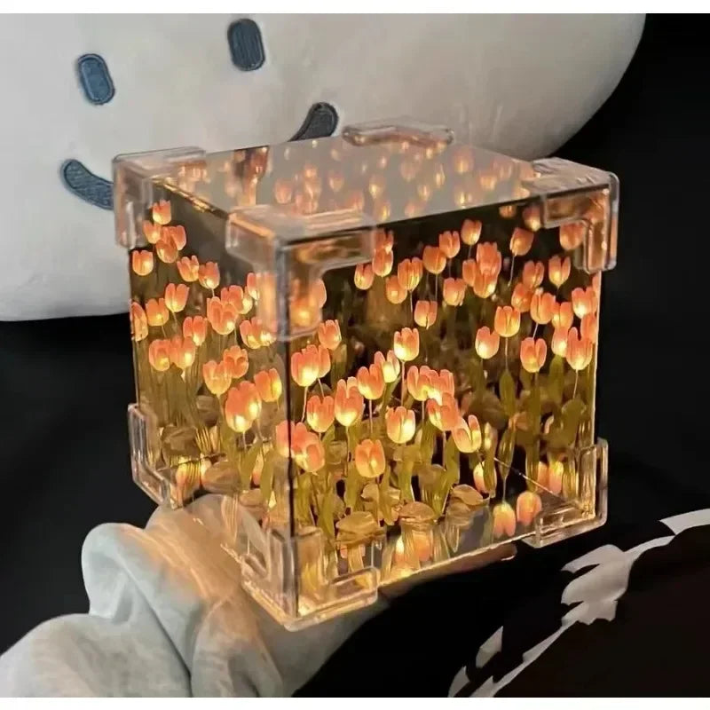 DIY Handmade Tulip Mirror Cube Lamp Simulation Flower