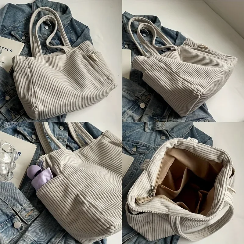 Casual Corduroy Handbag with Zipper