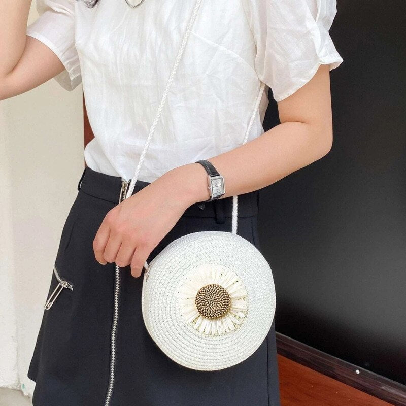 Flower Graphic Circle Straw Bag