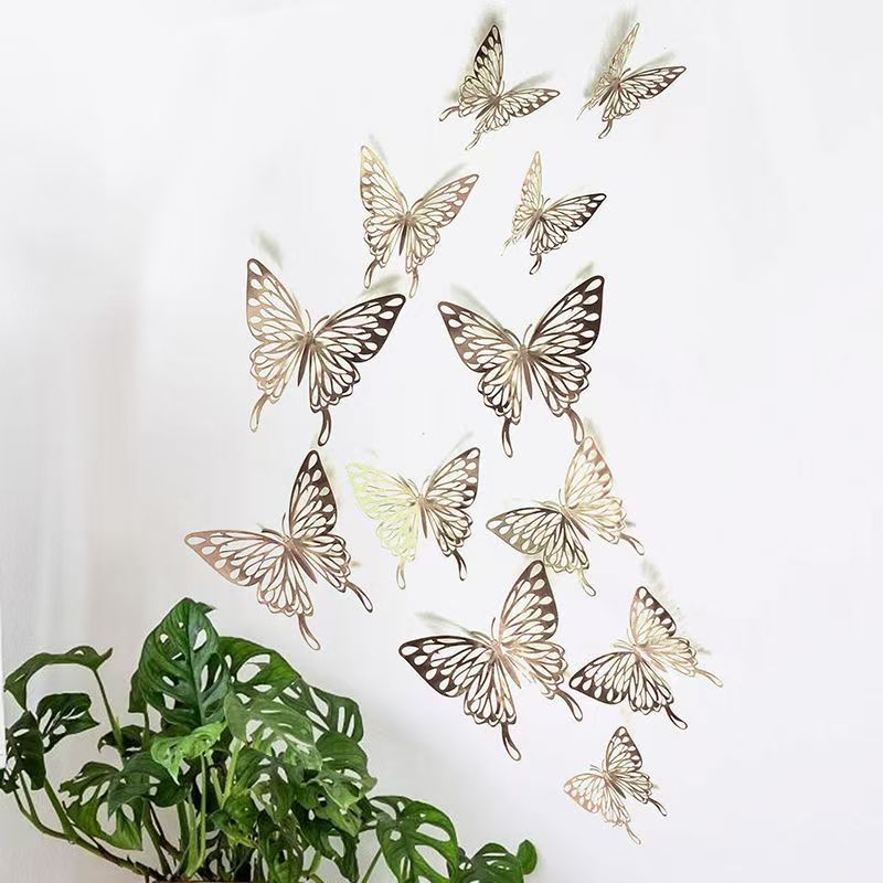 12Pcs/lot New 3D Hollow Golden Silver Butterfly Wall Stickers