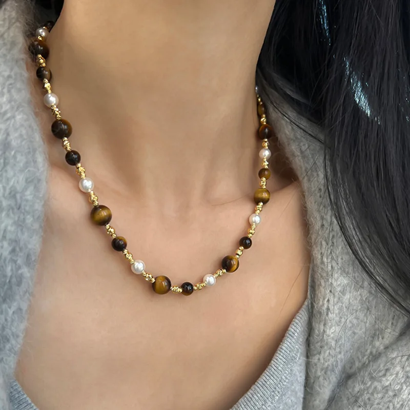 Natural Brown Stone Pearl Collar Chain Necklace