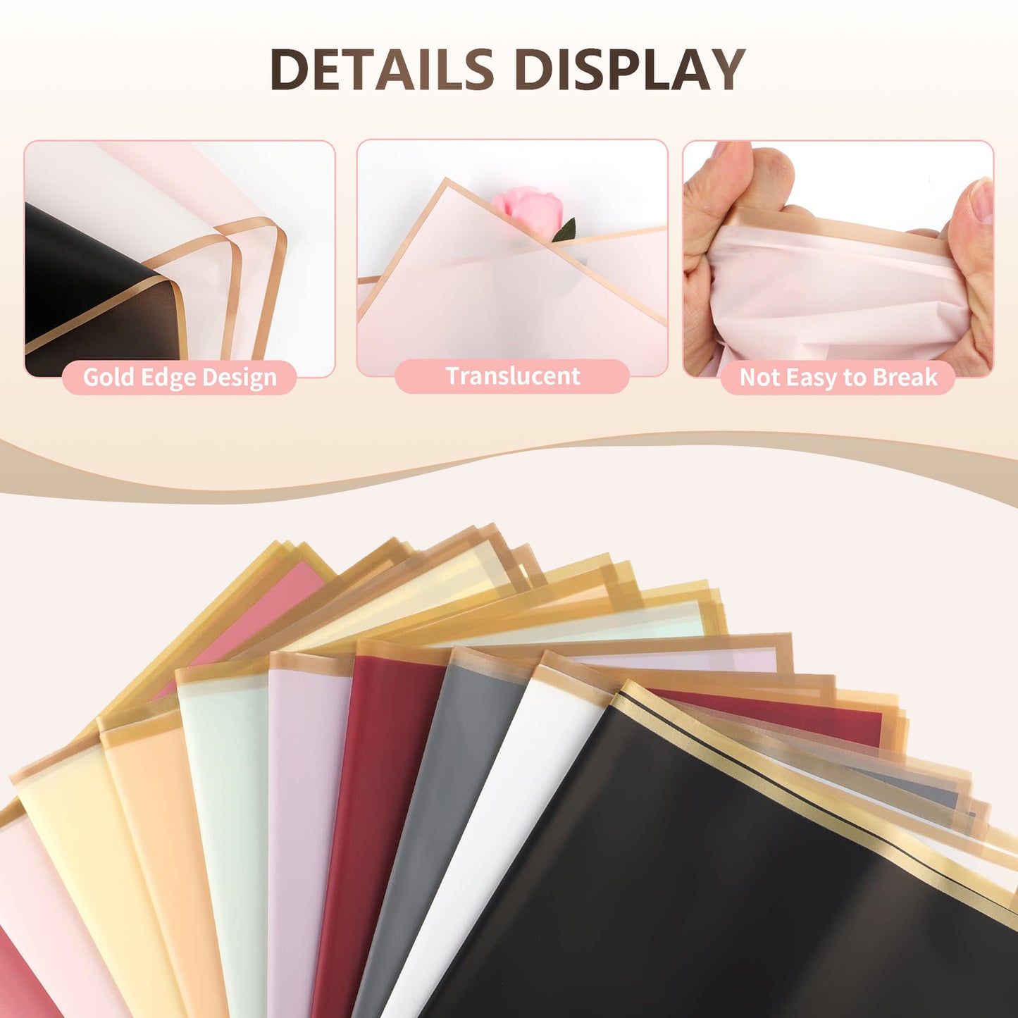 10 Sheets Flower Wrapping Paper with Golden Edges, Waterproof