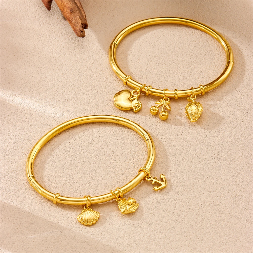 Stainless Steel Dolphin Shell Conch Pendant Bamboo Bangle For Women