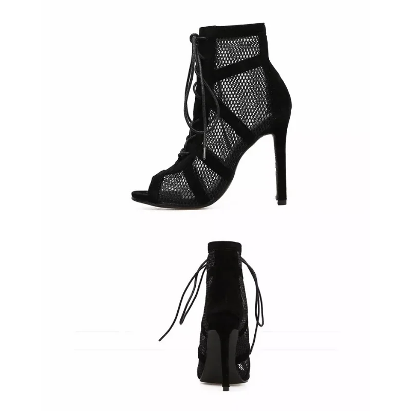 Fashion Show Black Net Fabric Cross Strap Sexy High Heel Sandals