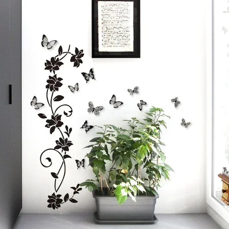 Black Flower Vine 3D Butterfly Wall Sticker Background Wall Bedroom