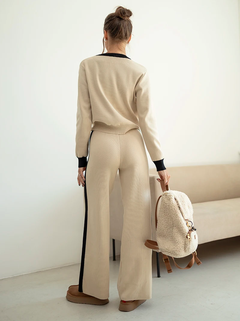 Casual Winter Long Sleeve Women Knitted Suit Floral