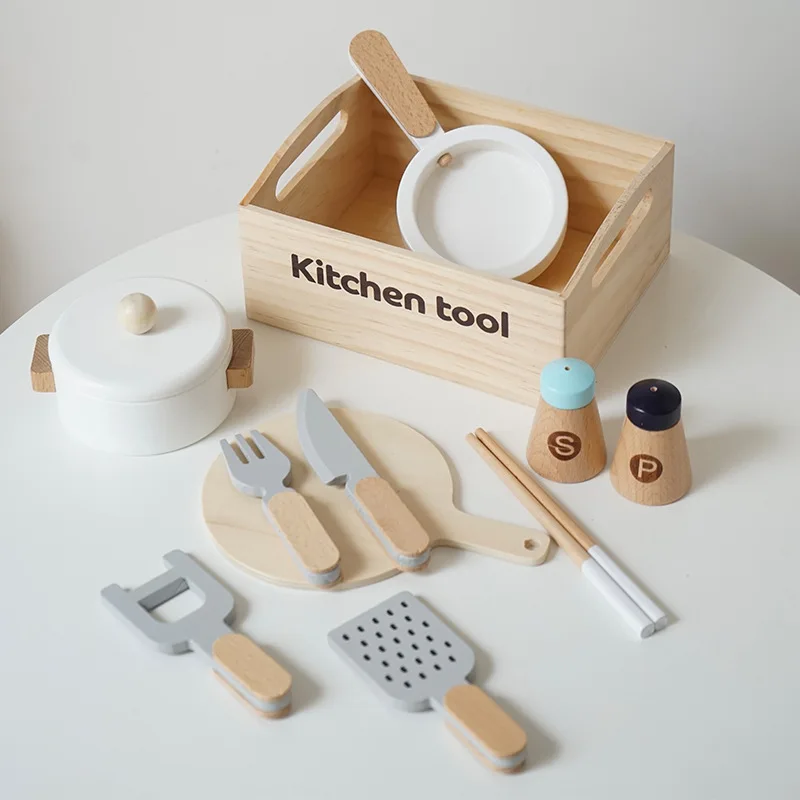 Wooden Pretend Play Kitchen Toys Cutting Food Accessories Set