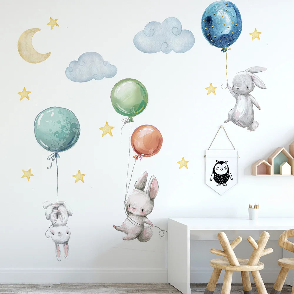 Cute Lovely Flying Rabbits Wall Stickers For Kids Balloons