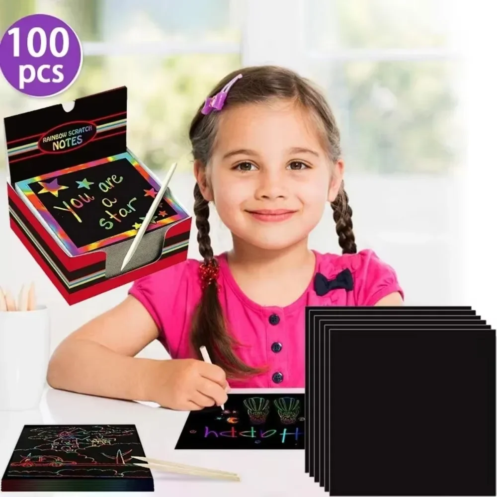 100Pcs Magic Color Rainbow Scratch DIY Toys Mini Notes Paper Pad Cards